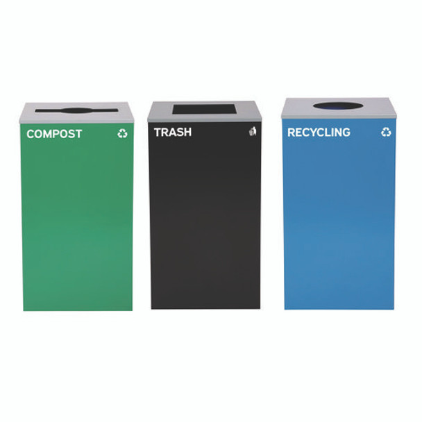 29 Gallon Trash/Recycling Cans, Steel, Blue Recycling Can w/Circle Lid, Green Compost w/Mixed Lid, Black Trash w/Square Lid