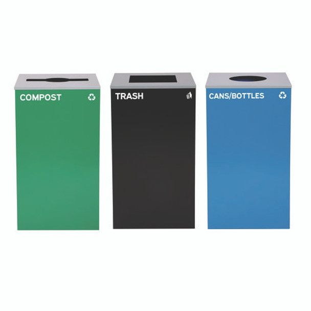 29 Gallon Trash/Recycling Cans, Steel, Blue Cans/Bottles Recycling w/Circle Lid, Green Compost w/Mixed Lid, BK Trash w/Sq Lid