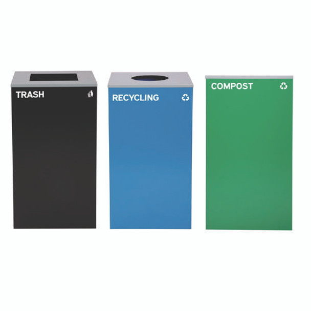29 Gallon Trash/Recycling Cans, Steel, Blue Recycling Can w/Circle Lid, Green Compost Can and Black Trash Can w/Square Lids