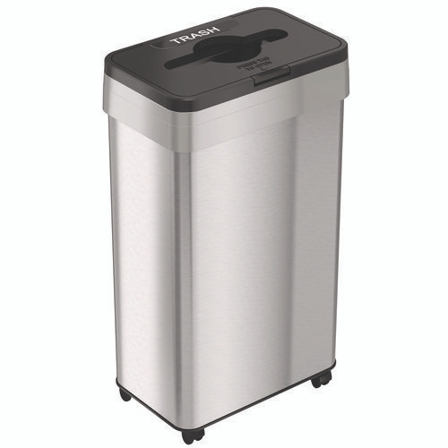 Open Top Trash Bin with Wheels and Color-Coded Lid, 21 gal, Plastic/Stainless Steel, Silver/Black