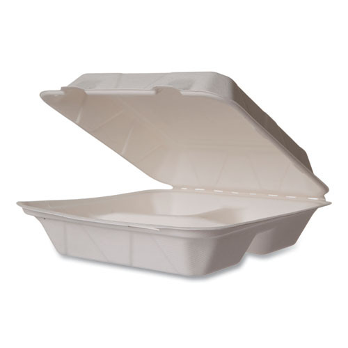 White Molded Fiber Clamshell Containers, Compostable, 3 Compartments, 9 x 18 x 2, White, Sugarcane, 200/Carton
