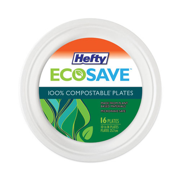 ECOSAVE Tableware, Plate, Sugarcane, 10.13" dia, White, 16/Pack