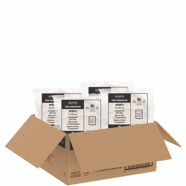 Compostable Molded Fiber Dinnerware, ProPlanet Seal, 3-Compartment Plate, 9" dia, Natural, 500/Carton Compostable Molded Fiber Dinnerware, ProPlanet Seal, 3-Compartment Plate, 9" dia, Natural, 500/Carton