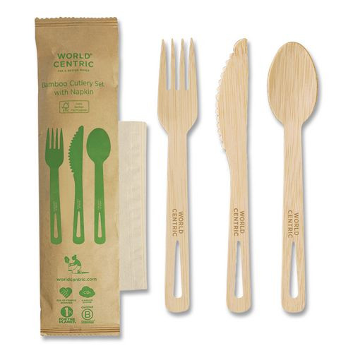 Bamboo Cutlery, Fork/Knife/Napkin/Spoon, Paper, Natural, 250/Carton