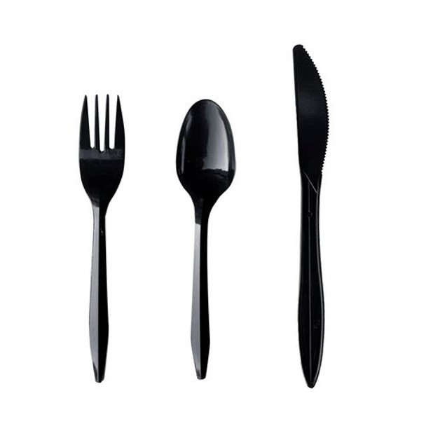 Three-Piece Polypropylene Cutlery Kit, Mediumweight, Fork/Knife/Spoon, Plastic, Black, 250/Carton
