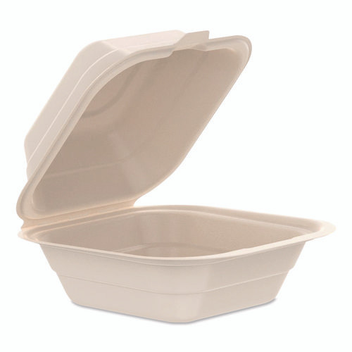 Compostable Molded Fiber Hinged Trays, ProPlanet Seal, 6.12 x 5.87 x 3.1, Natural, 500/Carton