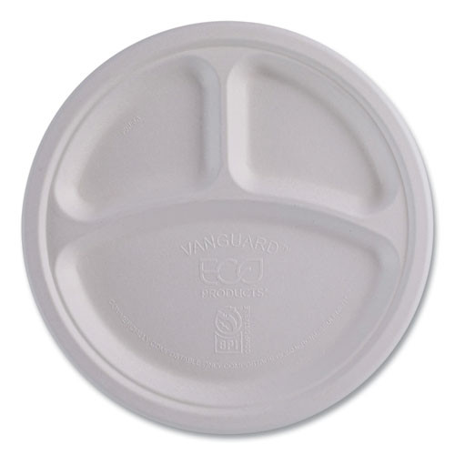 Vanguard Renewable and Compostable Sugarcane Plates, 3-Compartment Plate, 10" dia, White, 500/Carton