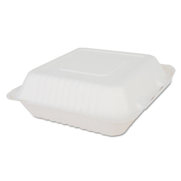 ChampWare Molded-Fiber Clamshell Containers, 9 x 9 x 3, White, Sugarcane, 200/Carton ChampWare Molded-Fiber Clamshell Containers, 9 x 9 x 3, White, Sugarcane, 200/Carton