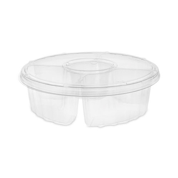 Dip Cup Platter, 4 Compartments, 64 oz, 10" Diameter, Clear, Plastic, 100/Carton Dip Cup Platter, 4 Compartments, 64 oz, 10" Diameter, Clear, Plastic, 100/Carton