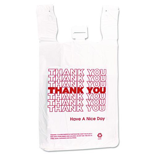 HDPE T-Shirt Bags, Thank You - Have a Nice Day Labeling, Cut-Out Handles, 12" x 7" x 23", White/Red, 500/Carton