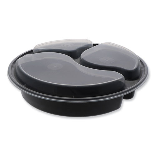 Newspring VERSAtainer Microwavable Containers, Round, 3 Compartments, 39 oz, 9 x 9 x 2.25, Black/Clear, Plastic, 150/Carton