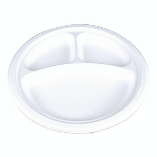 ChampWare Molded Fiber Tableware, 3-Compartment Plate, 10" dia, White, 125/Sleeve, 4 Sleeves/Carton