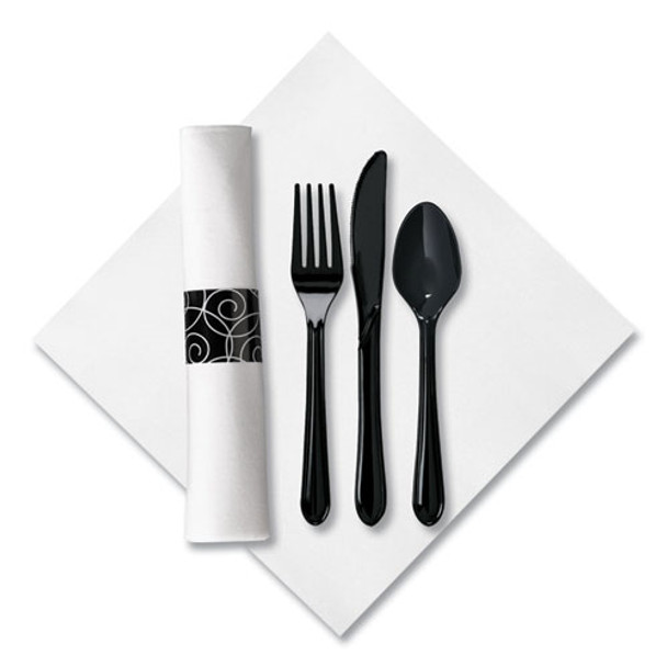 CaterWrap Heavyweight Cutlery Combo Kit, Fork/Knife/Napkin/Spoon, Plastic, Black, 100/Carton