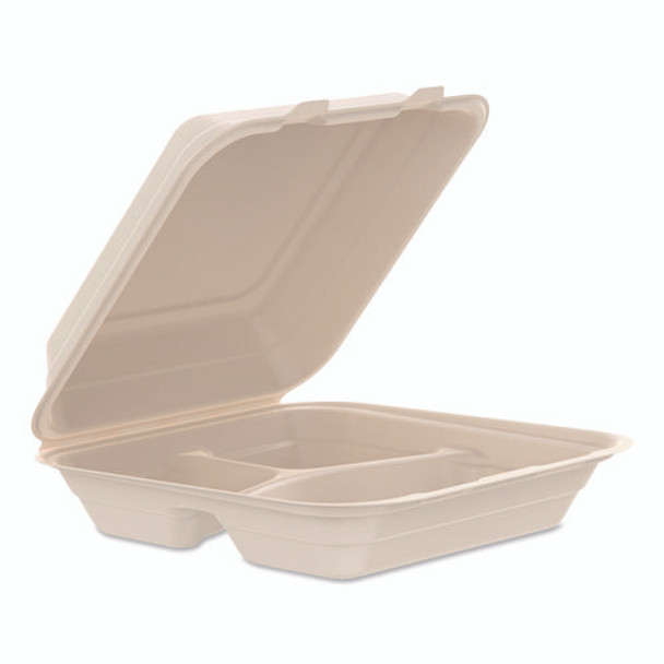 Compostable Molded Fiber Hinged Trays, ProPlanet Seal, 3 Compartments, 9.14 x 9 x 2.98, Natural, 200/Carton