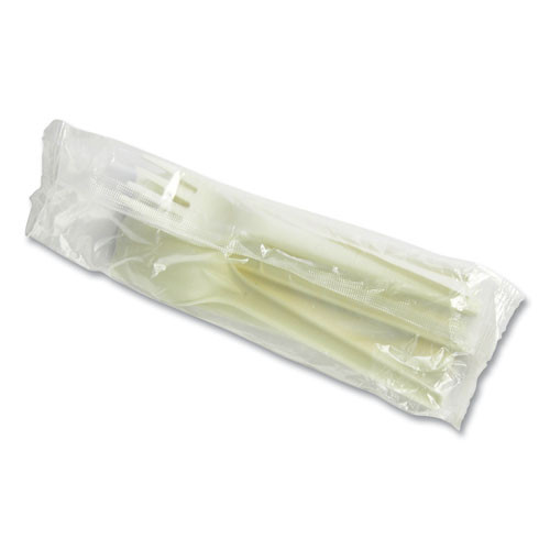 Cutlery Kits, Compostable, General Purpose, Fork/Knife/Napkin/Spoon, Plastic, White, 250/Carton