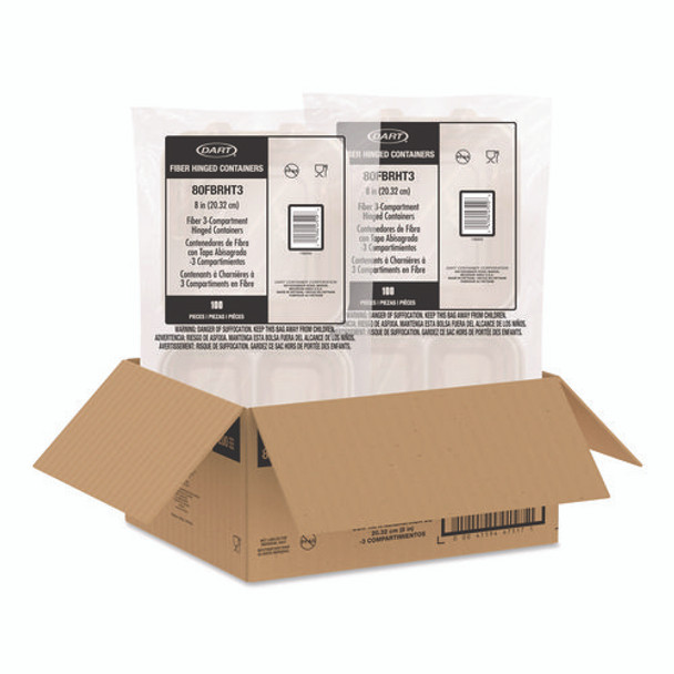 Compostable Molded Fiber Hinged Trays, ProPlanet Seal, 3 Compartments, 8.65 x 7.94 x 2.98, Natural, 200/Carton