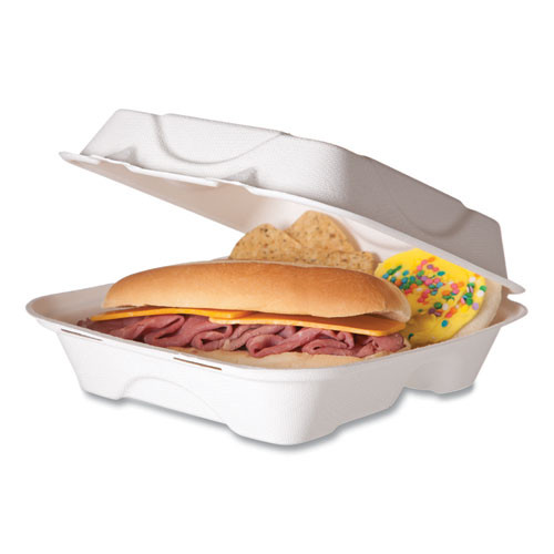 Molded Fiber Hinged Clamshell Containers, 3 Compartments, 8 x 8 x 3, White, Sugarcane, 50/Pack, 4 Packs/Carton