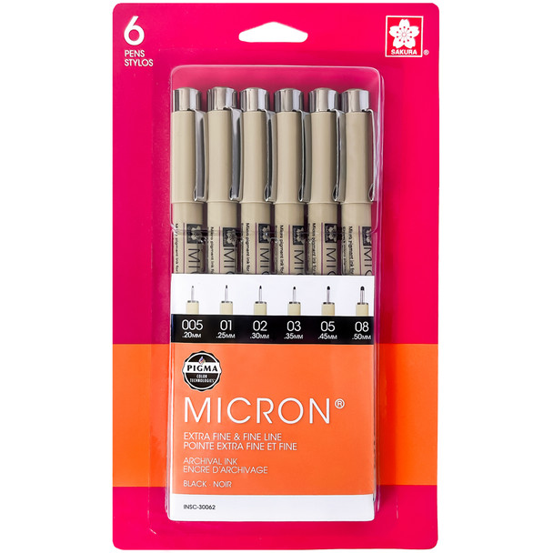 Pigma Micron Pens, Black, Assorted Sizes, 6-Piece Set, Blister Card