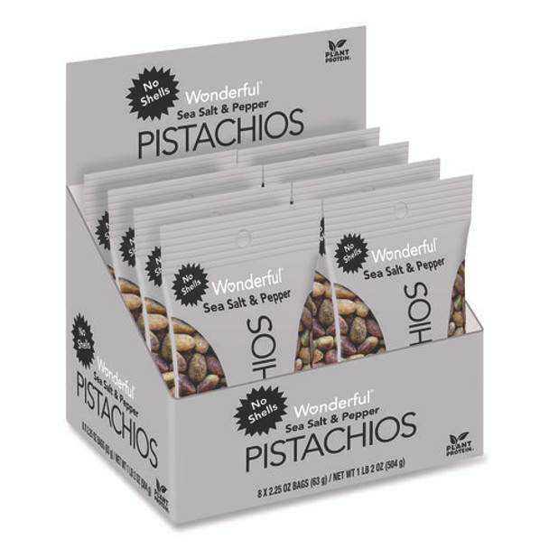 No Shells Sea Salt and Pepper Pistachios, 2.25 oz Pack, 8/Box