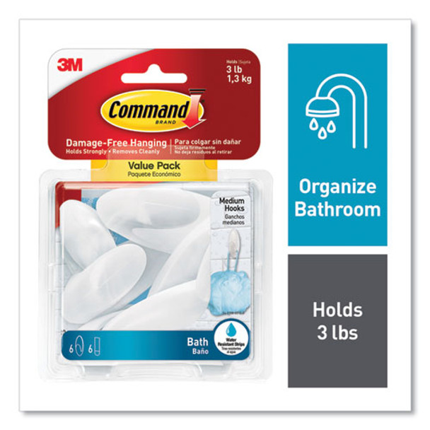 Medium Bath Hooks Value Pack, Plastic, White, 3 lb Capacity, 6 Hooks and 6 Strips