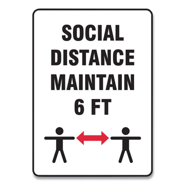 Social Distance Signs, Wall, 10 x 14, "Social Distance Maintain 6 ft", 2 Humans/Arrows, White, 10/Pack