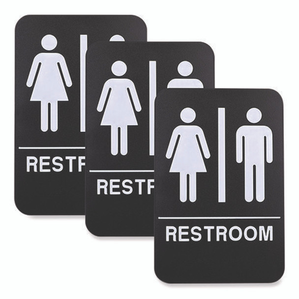 Indoor/Outdoor Restroom with Braille Text, 6" x 9", Black Face, White Graphics, 3/Pack