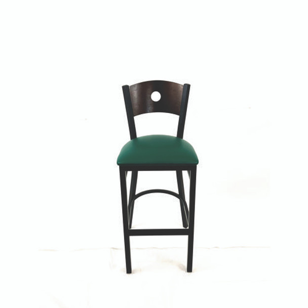 Circle Series Barstool, Supports Up to 300 lb, 28.5" Seat Height, Green Seat, Dark Walnut Back, Black Base