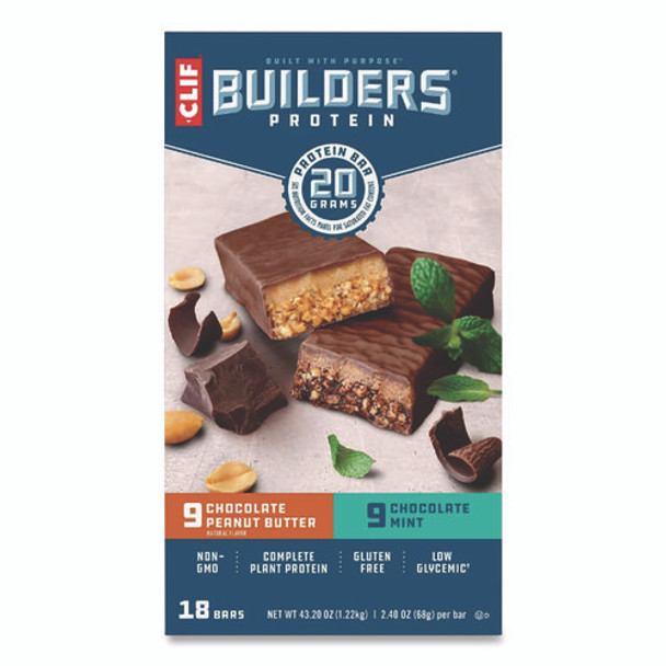 Builders Protein Bar, Chocolate Mint/Chocolate Peanut Butter, 2.4 oz Bar, 18 Bars/Box