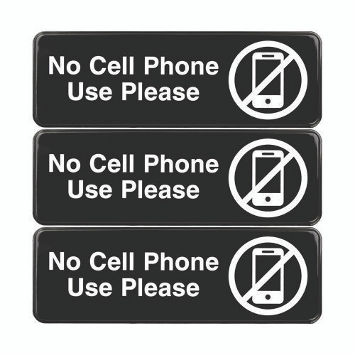 No Cell Phone Use Please Indoor/Outdoor Wall Sign, 9 x 3, Black Face, White Graphics, 3/Pack