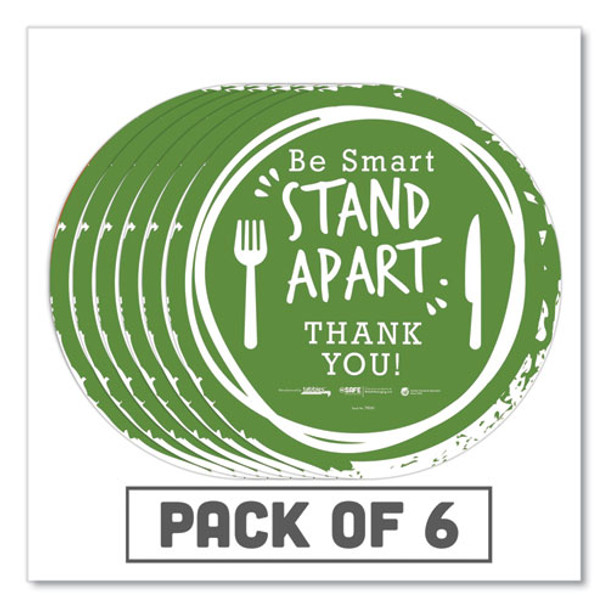 BeSafe Messaging Floor Decals, Be Smart Stand Apart; Knife/Fork; Thank You, 12" Dia., Green/White, 6/Carton