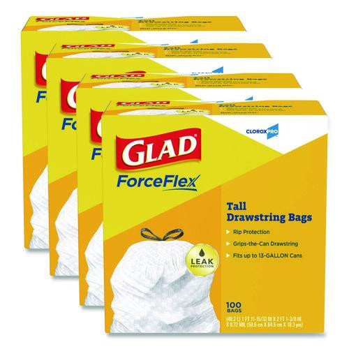 CloroxPro ForceFlex Tall Kitchen Drawstring Trash Bags, 13 gal, 24 x 27.38, Gray, 100 Bags/Box, 4 Boxes/Carton