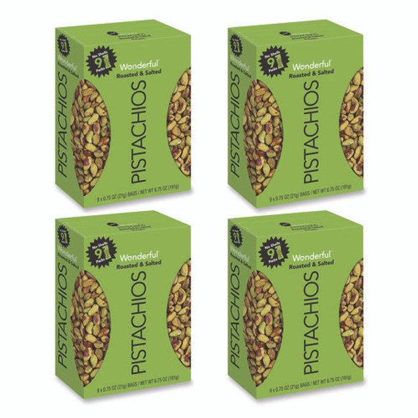 Wonderful No Shells Pistachios, Roasted and Salted, 0.75 oz Bag, 9 Bags/Box, 4 Boxes/Carton