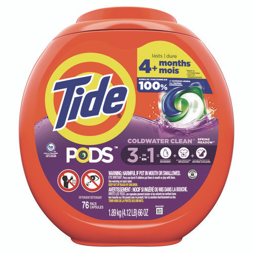 PODS Laundry Detergent, HE Compatible, Spring Meadow, 66 oz Tub, 76 Pacs/Tub, 4 Tubs/Carton