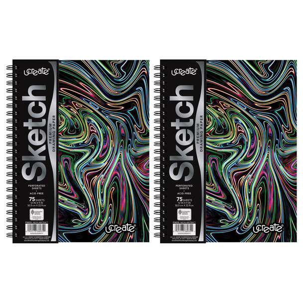 Fashion Poly Sketch Book, 9" x 12", 75 Sheets, Neon Abstract Design, Pack of 2