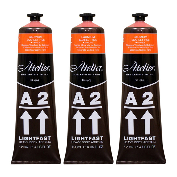 A2 Heavy Body Lightfast Artist Acrylic, 4 oz., Cadmium Scarlet Hue, Pack of 3