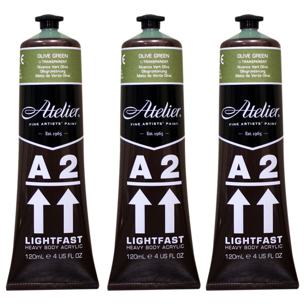 A2 Heavy Body Lightfast Artist Acrylic, 4 oz., Olive Green Hue, Pack of 3