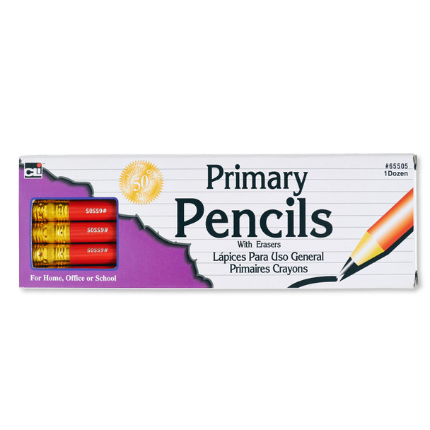 Primary Pencils with Eraser, Red Barrel, Pack of 12
