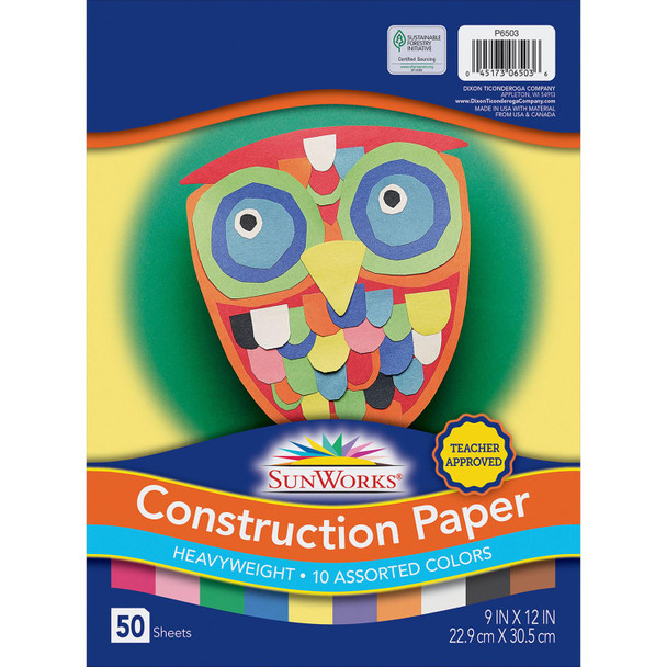 Construction Paper, Medium Weight, 10 Assorted Colors, 9" x 12", 50 Sheets