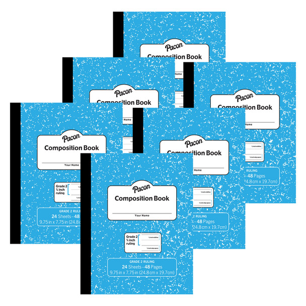 Composition Book, Grade 2, Blue Marble, 3/4" x 3/8" x 3/8" Ruled, 9-3/4" x 7-3/4", 24 Sheets, Pack of 6