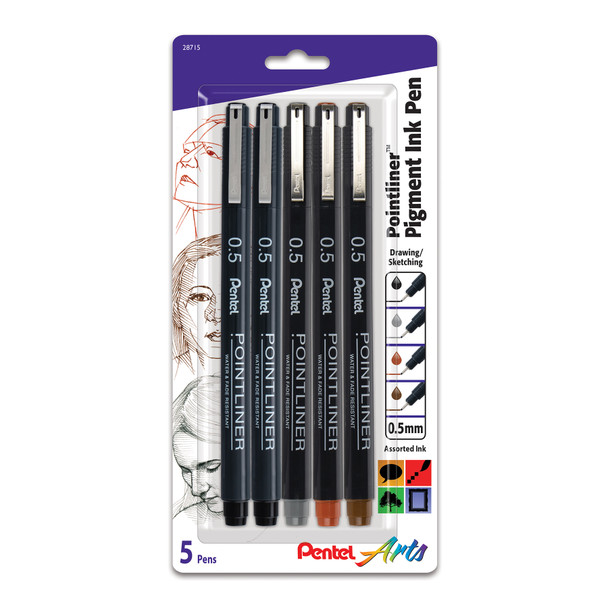 Pointliner Pen, 0.5mm Tip, Assorted Ink Colors, 5-Pack
