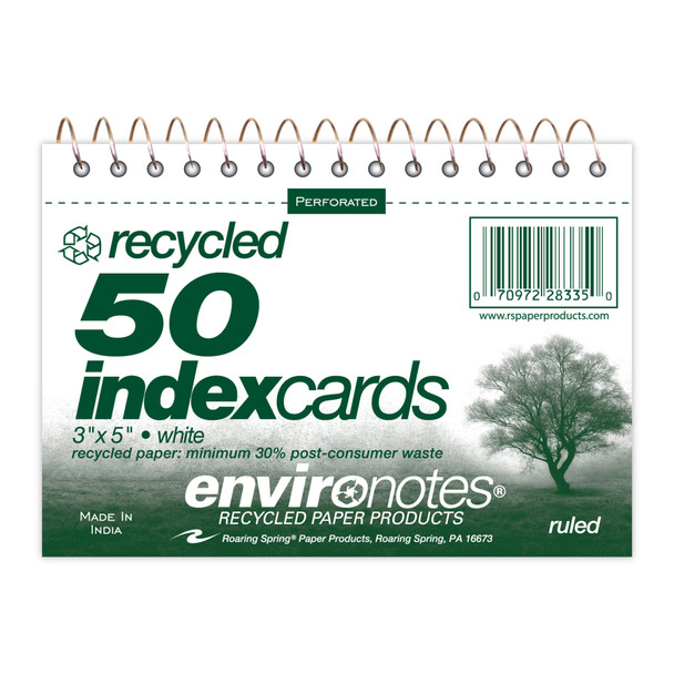 WireboundIndex Cards, 3" x 5", Ruled & Recycled, 50 Cards