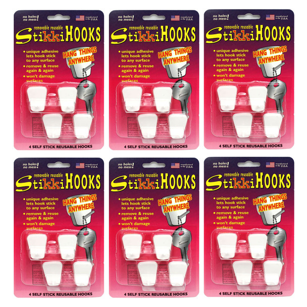 StikkiHOOKS, White, 4 Per Pack, 6 Packs