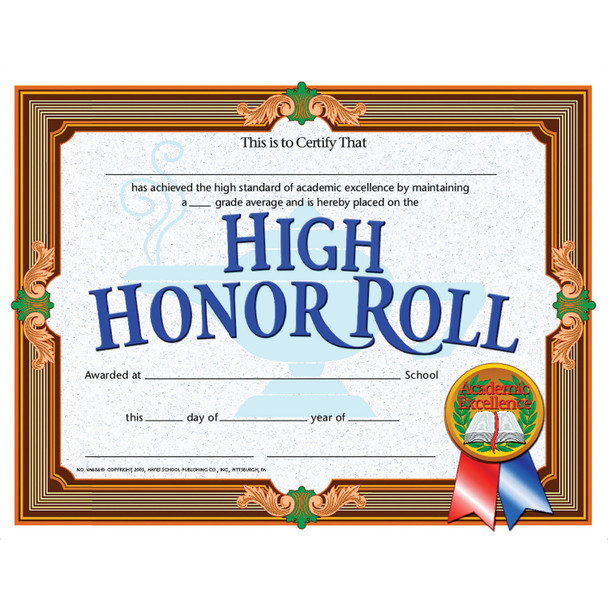High Honor Roll Certificate, 8.5" x 11", Pack of 30 - H-VA686