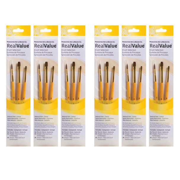 RealValue Brush Set, Camel Bristles, Short Handle Mixed Media Paintbrush, Brown, 3 Per Set, 6 Sets