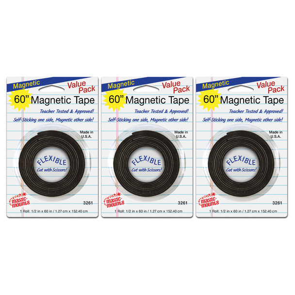 Magnetic Tape, 1/2" x 60" Roll, Pack of 3