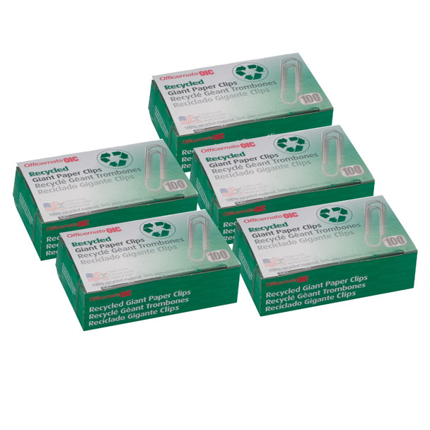 Recycled Paper Clips, Giant Gem, 100/Box, 5 Boxes