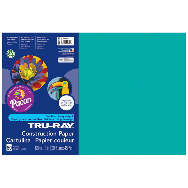 Construction Paper, Heavyweight, Turquoise, 12" x 18", 50 Sheets