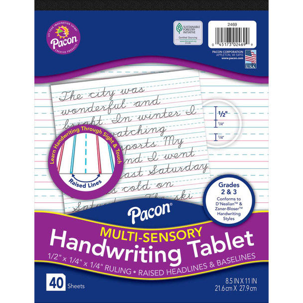 Multi-Sensory Raised Ruled Tablet, Tape-Bound Tablet, 1/2" x 1/4" x 1/4" Ruled Short, 8-1/2" x 11", 40 Sheets
