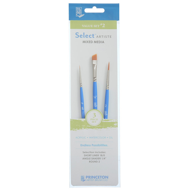 Select Artiste Brush Set No. 2, Synthetic Bristles, Short Handle Mixed Media Paintbrush, Jewel Blue, 3 Pieces
