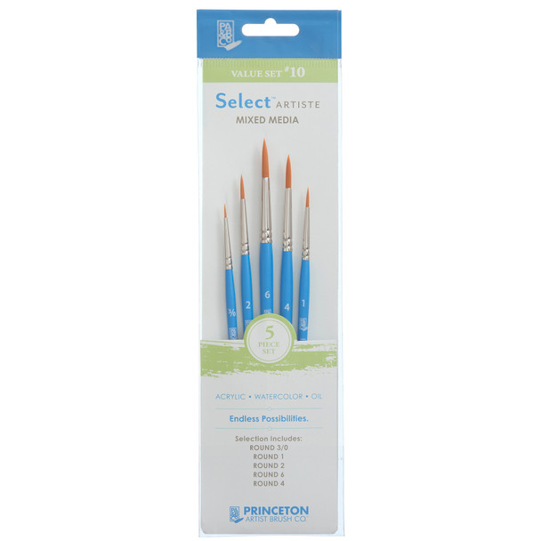 Select Artiste Brush Set No. 10, Synthetic Bristles, Short Handle Mixed Media Paintbrush, Jewel Blue, 5 Pieces